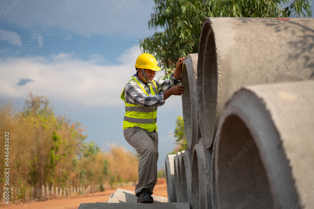 Construction Worker Inspection: A determined construction worker diligently inspects concrete pipes, embodying the precision and dedication essential for infrastructure projects under a clear sky.