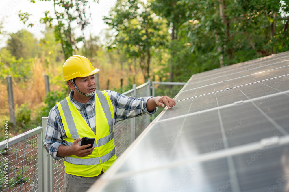Solar Panel Inspection: A dedicated worker, clad in a yellow safety helmet and vest, meticulously inspects a solar panel array, embodying environmental responsibility and technological advancement.