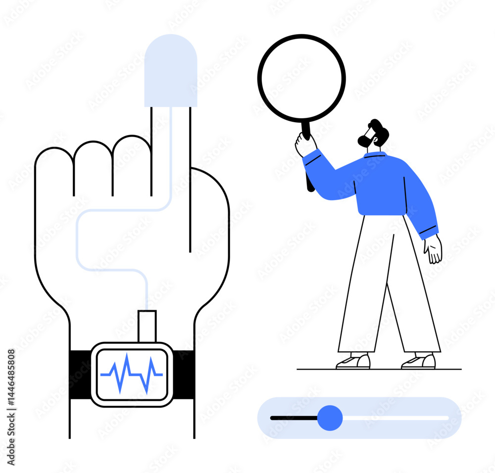 Obraz premium Hand with smartwatch, man holding magnifying glass, and slider control. Ideal for technology, health monitoring, research, data analysis, innovation, personal development simple landing page