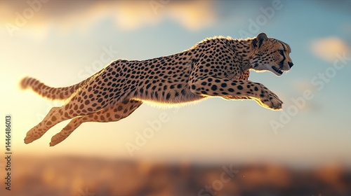 A cheetah leaps gracefully, showcasing speed and agility against a dramatic backdrop, embodying wildlife.