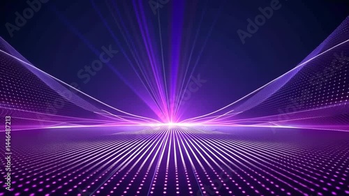 Futuristic Glowing Purple Particle Floor with Light Rays Abstract Background