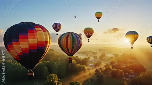 Colorful hot air balloons soaring over a scenic landscape at sunrise, creating a serene atmosphere