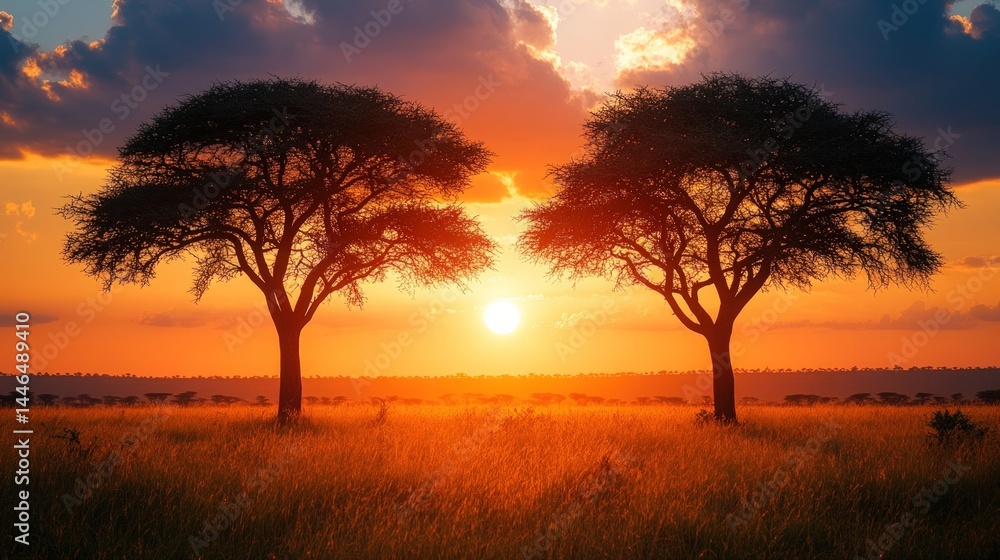 Sunset Silhouette African Acacia Trees Glow Sunset Silhouette African Acacia Trees Glow