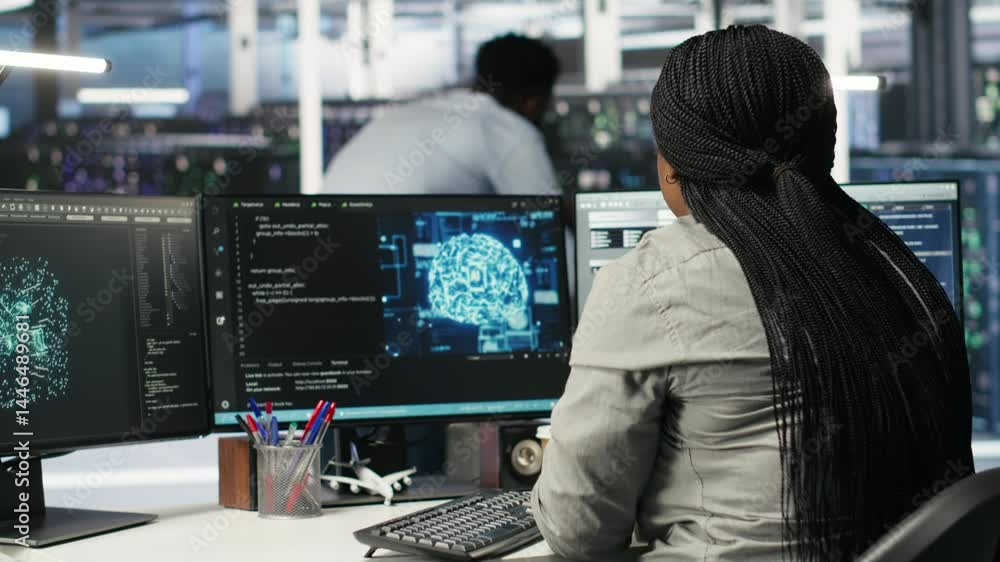 Server room specialist applies artificial intelligence technology to minimize system downtime. African American worker develops and deploys AI solutions to optimize data center equipment, camera B Server room specialist applies artificial intelligence technology to minimize system downtime. African American worker develops and deploys AI solutions to optimize data center equipment, camera B