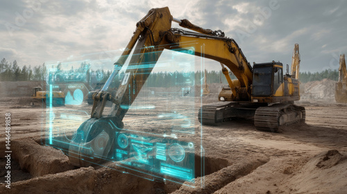 Excavator with digital overlay on construction site