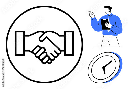 Handshake inside circle, man with clipboard gesturing, clock symbolizing agreement, teamwork, professionalism, time management. Ideal for business, partnerships, deadlines contracts communication