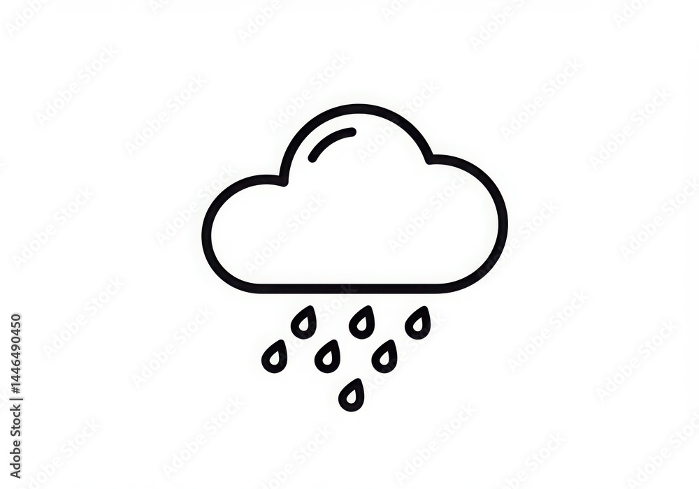 Simple line drawing of a cloud with raindrops on a white background design Simple line drawing of a cloud with raindrops on a white background design