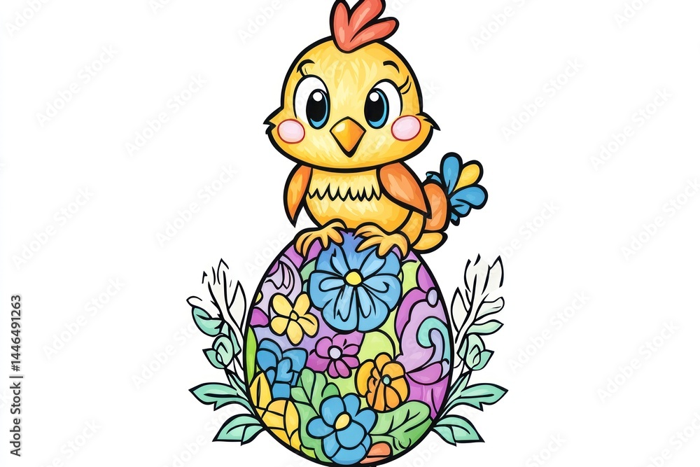 Obraz premium Cute chick perched atop a decorated Easter egg. Colorful flowers and leaves surround the egg