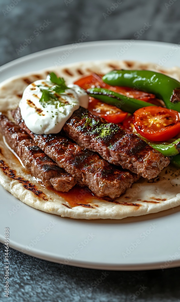 Grilled Kebab on Flatbread with Yogurt, Tomatoes and Green Peppers, Food Plate Grilled Kebab on Flatbread with Yogurt, Tomatoes and Green Peppers, Food Plate