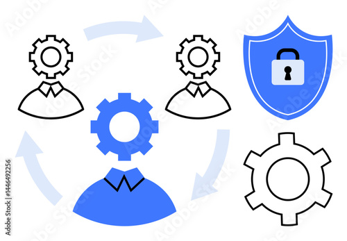 People with gears, arrows indicating a process flow, and a shield with a padlock symbol. Ideal for teamwork, productivity, enterprise security, data protection, innovation, process optimization