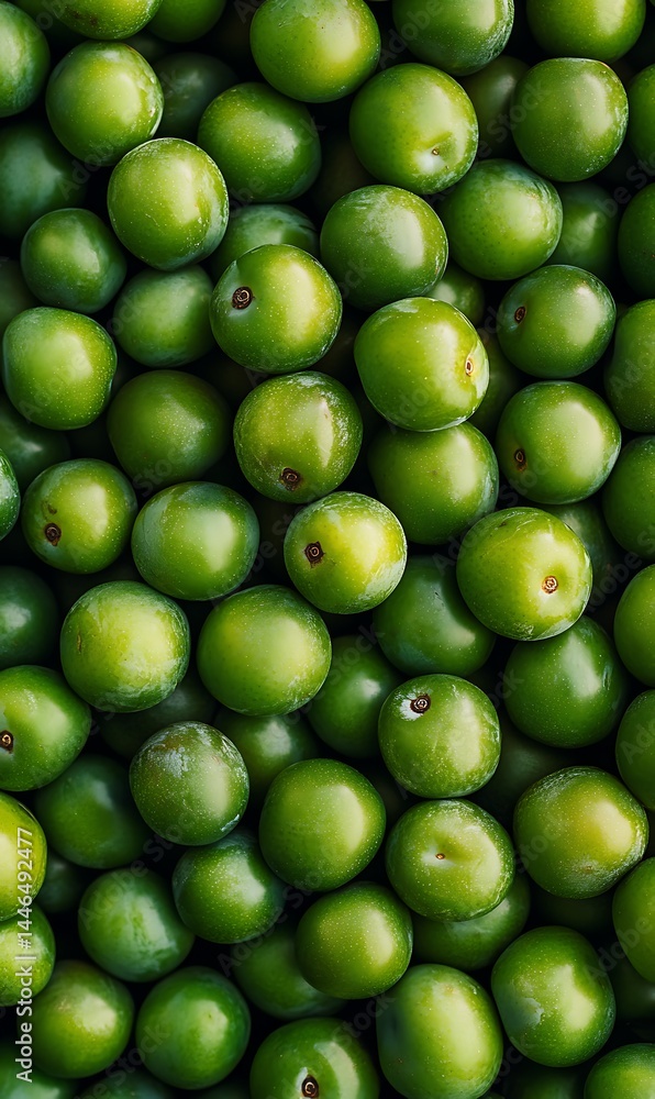 Fresh green plums background, vibrant texture, overhead closeup of ripe fruit Fresh green plums background, vibrant texture, overhead closeup of ripe fruit