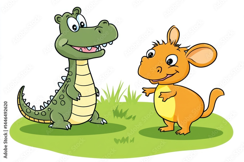 Naklejka premium Two friendly cartoon animals, a green crocodile and an orange kangaroo-like creature, stand on a grassy field