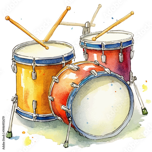 Toy Drum With Colorful Sticks, vector watercolor illustration, isolated on a white background.