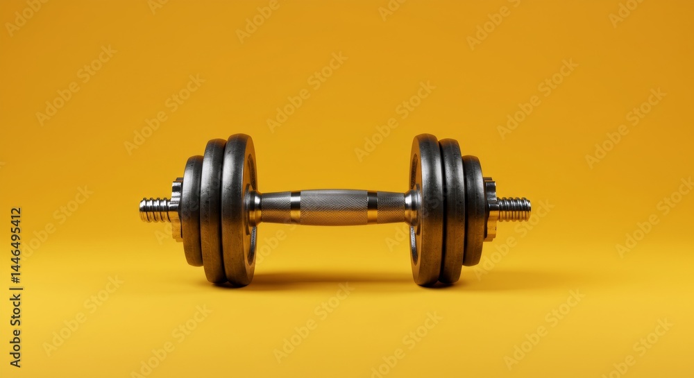 Single metal dumbbell on bright yellow background with copy space. Strength training equipment for home workout. Fitness motivation concept for National Physical Fitness and Sports Month Single metal dumbbell on bright yellow background with copy space. Strength training equipment for home workout. Fitness motivation concept for National Physical Fitness and Sports Month