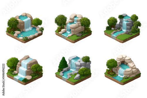 Six colorful  isometric illustrations of stylized waterfalls cascading down rocks, surrounded by green trees and plants on white background.