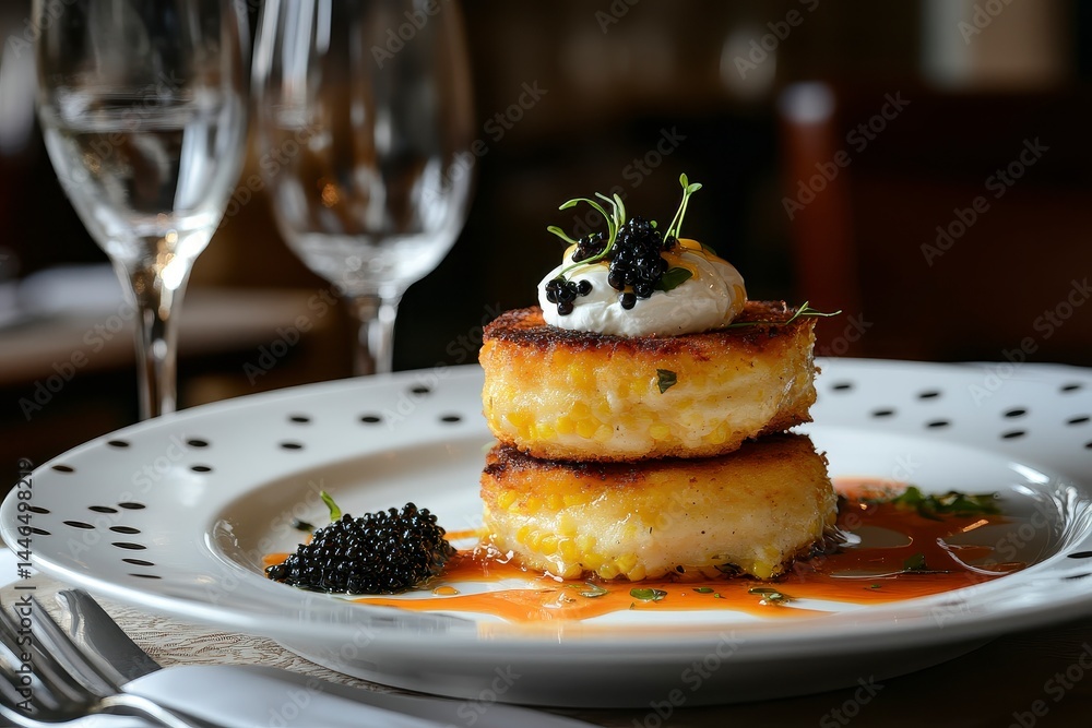 Elegant Two Layered Corn Cakes with Caviar and Orange Sauce Elegant Two Layered Corn Cakes with Caviar and Orange Sauce