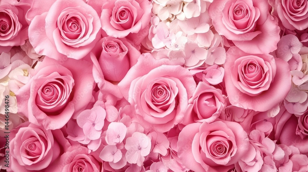 Lush bouquet of pink roses and delicate hydrangeas Lush bouquet of pink roses and delicate hydrangeas
