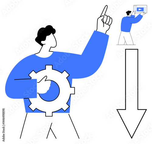 Person holding gear and raising hand with a smaller figure pointing to a screen. Giant downward arrow emphasizing direction, process, and action. Ideal for teamwork, strategy, workflow, guidance