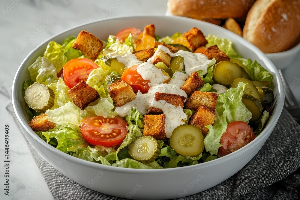 Fresh Green Salad with Creamy Dressing and Croutons Fresh Green Salad with Creamy Dressing and Croutons
