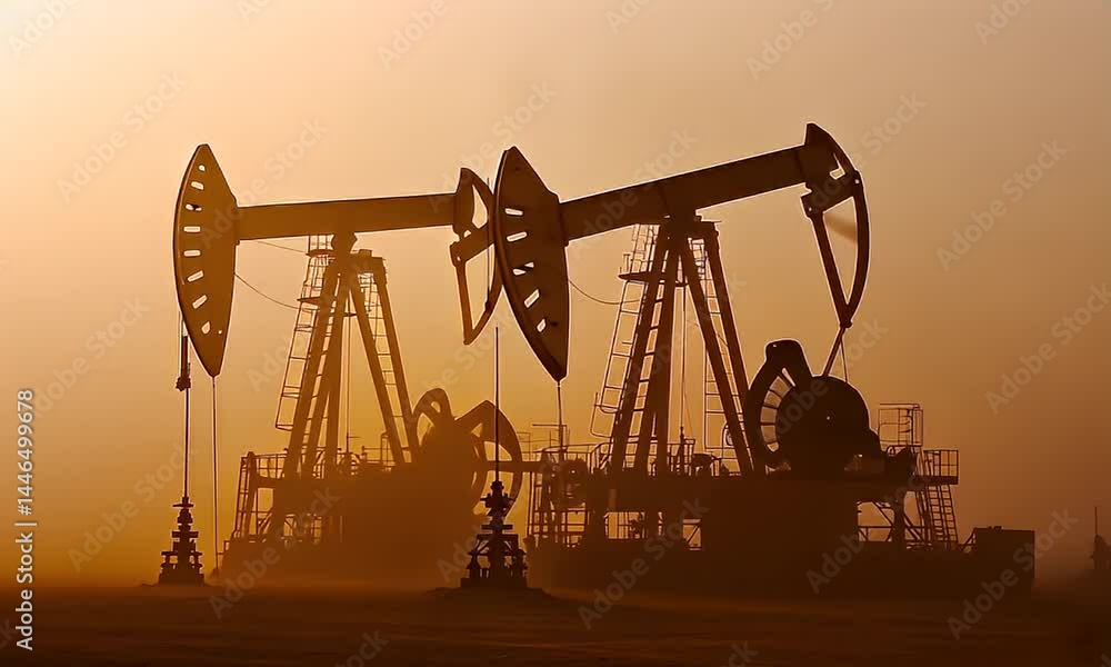 Silhouette Of Two Oil Pumps During Sunset Against The Orange Sky Over The Field Silhouette Of Two Oil Pumps During Sunset Against The Orange Sky Over The Field