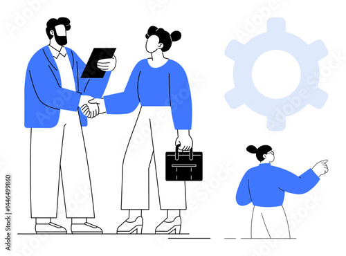Wallpaper Mural Two professionals shaking hands while one holds documents and a briefcase. Background gear symbol and colleague pointing. Ideal for teamwork, strategy, deal, communication, success, leadership. Flat Torontodigital.ca