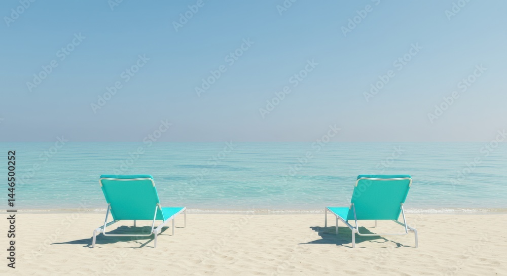 Two turquoise lounge chairs on a sandy beach with calm ocean and clear sky Two turquoise lounge chairs on a sandy beach with calm ocean and clear sky