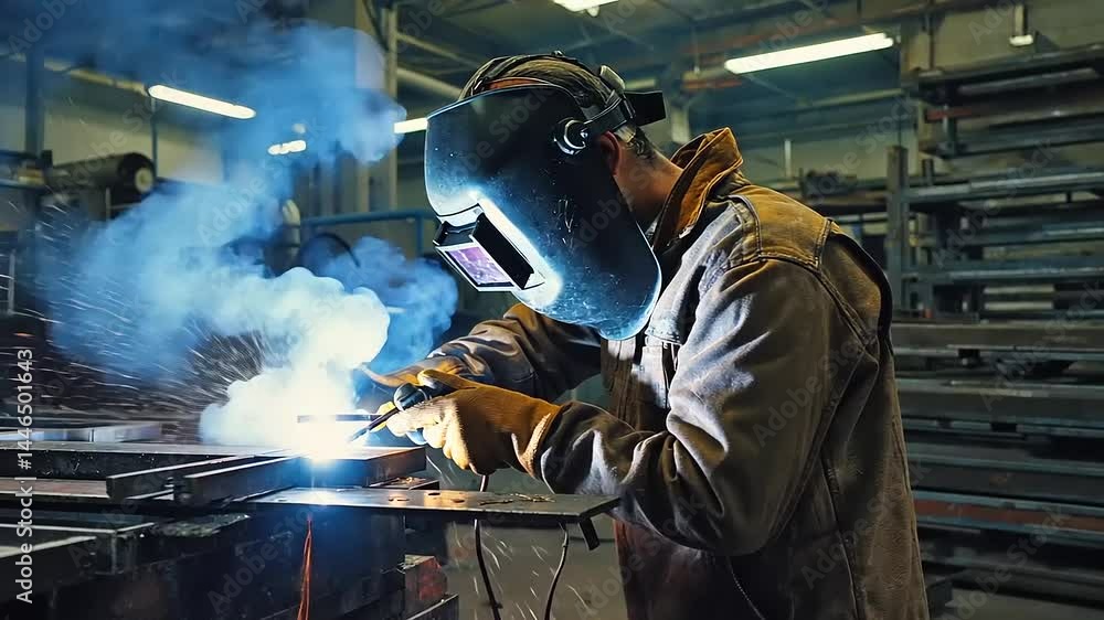 Skilled welder performing intricate metalwork in a busy workshop, surrounded by tools and machinery Skilled welder performing intricate metalwork in a busy workshop, surrounded by tools and machinery
