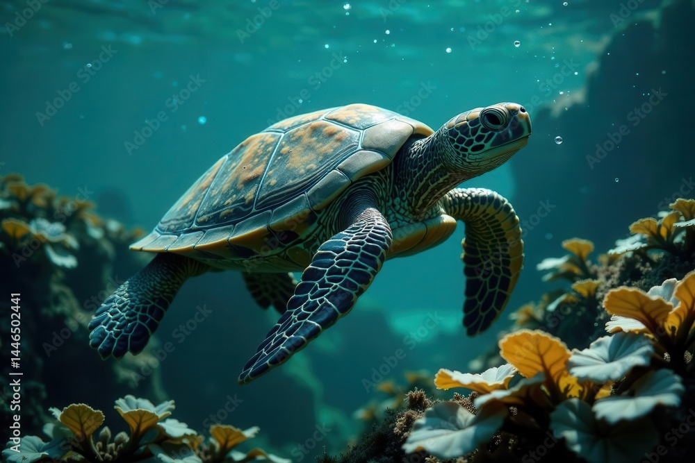 Fototapeta premium Oceanic Sea Turtle Gracefully Navigating a Vibrant Coral Reef Ecosystem