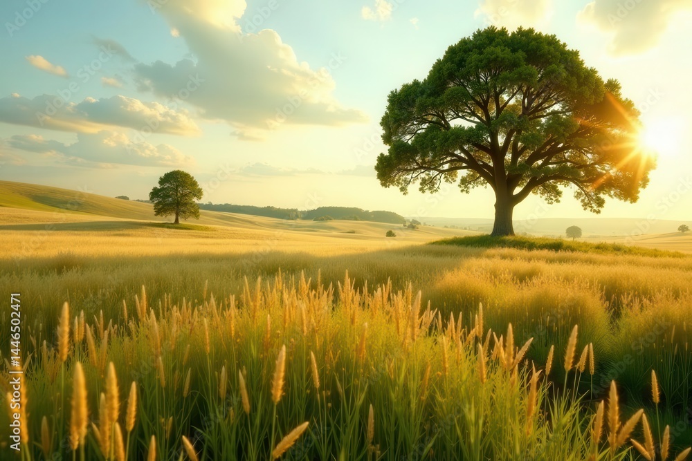 Fototapeta premium Golden Hour Serenity A Majestic Oak Tree Stands Sentinel in a Rolling Field of Wheat, Bathed in the Warm Glow of the Setting Sun