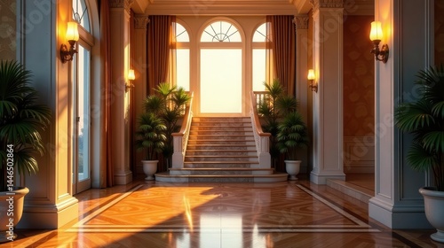 Wallpaper Mural Grand Entrance Hallway with Sunlight Streaming Through Arch Window and Polished Hardwood Floors Torontodigital.ca