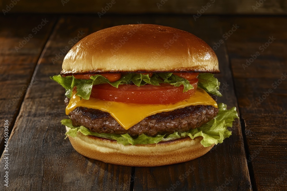 Juicy Cheeseburger on Toasted Bun with Lettuce and Tomato on Dark Wood Juicy Cheeseburger on Toasted Bun with Lettuce and Tomato on Dark Wood