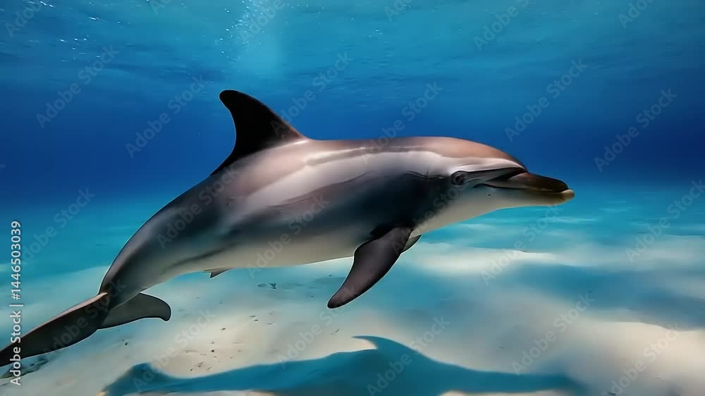 Dolphin swimming underwater in shallows. Dolphin swimming underwater in shallows.