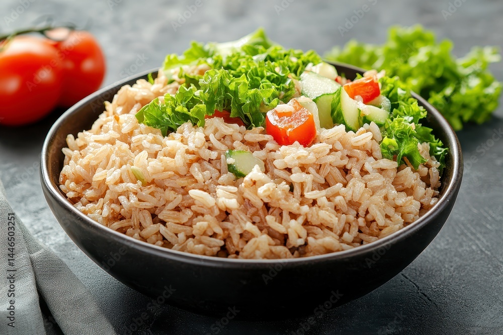 Light Brown Rice with Fresh Cucumber Tomato Salad in Dark Bowl Light Brown Rice with Fresh Cucumber Tomato Salad in Dark Bowl