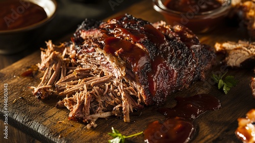 Pulled pork, ready to eat, with barbecue sauce, on wooden board.
