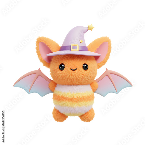Cute Halloween bat with a witch hat. A fluffy halloween character
