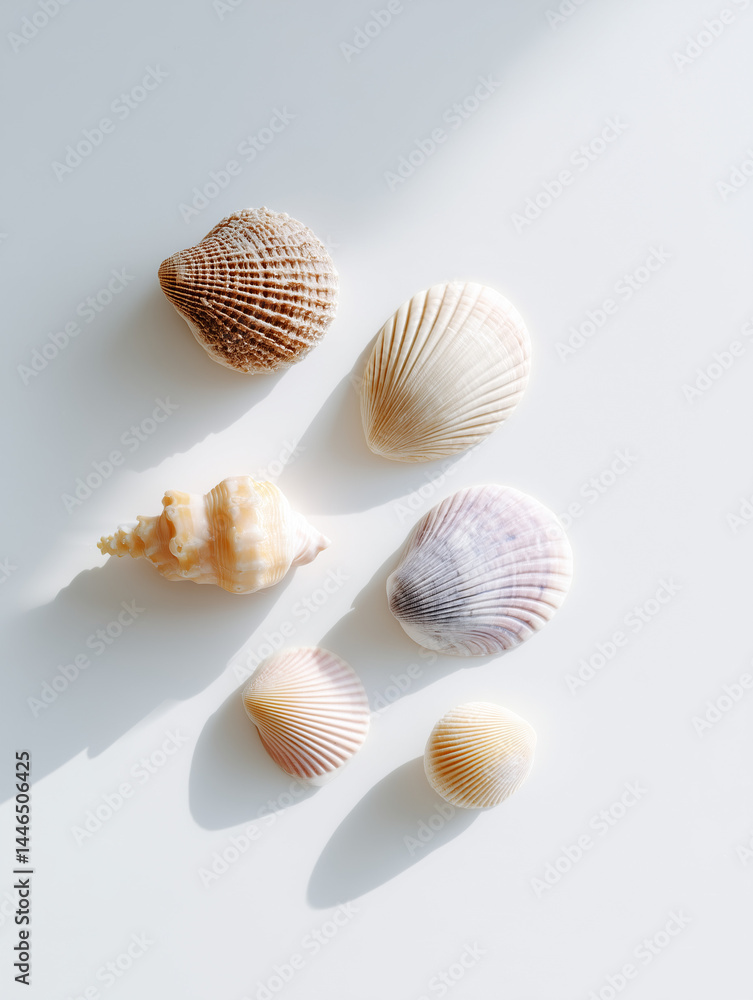 seashells on a white background, summer seashells on a white background, summer