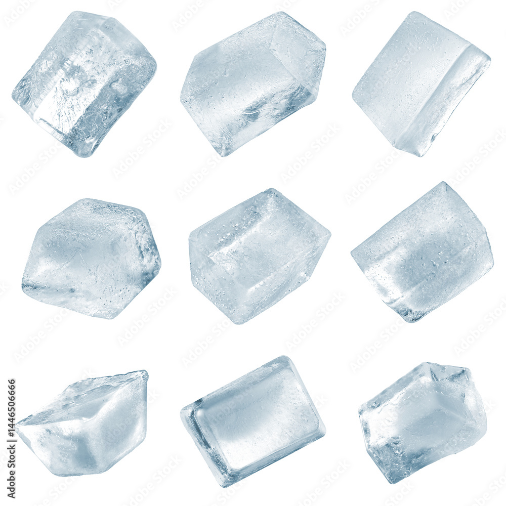 Clear ice cubes on white background, set Clear ice cubes on white background, set