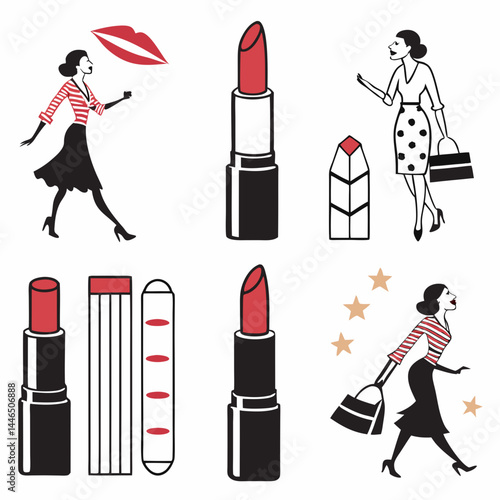 Chic Women Shopping Lipstick Fashion Icons Design