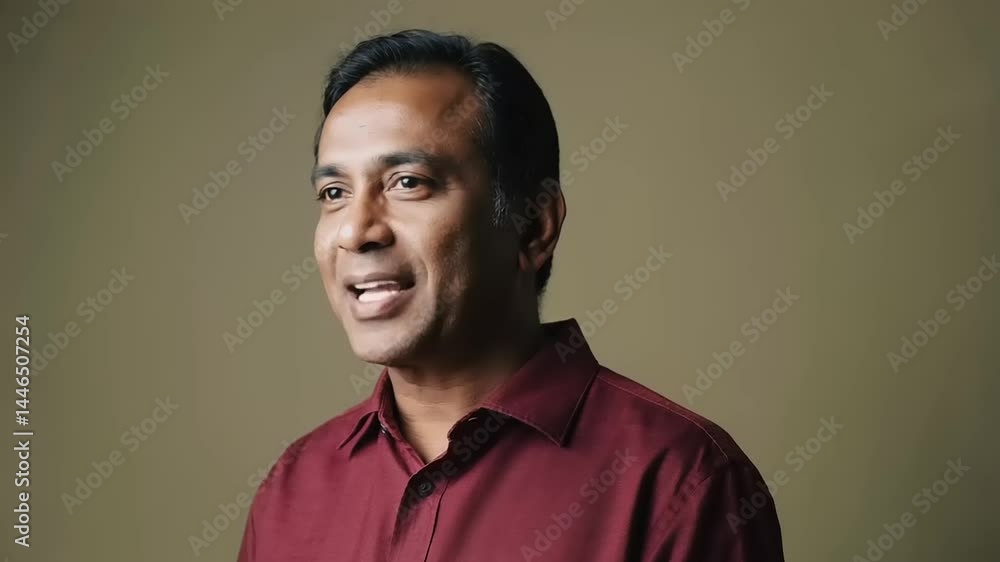 A thoughtful middle-aged man in a maroon shirt, looking off to the side against a muted background A thoughtful middle-aged man in a maroon shirt, looking off to the side against a muted background