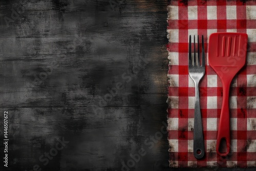 Red Spatula and Fork on Checkered Napkin on Dark Wood