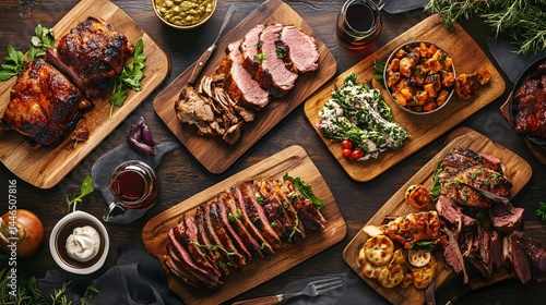 Assorted grilled meats and sides displayed on wooden platters.