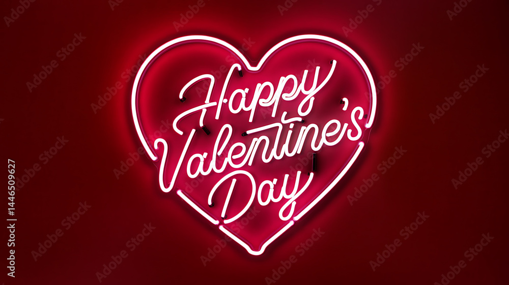 Naklejka premium A glowing stylized neon heart with Happy Valentine's Day script against a deep red backdrop.