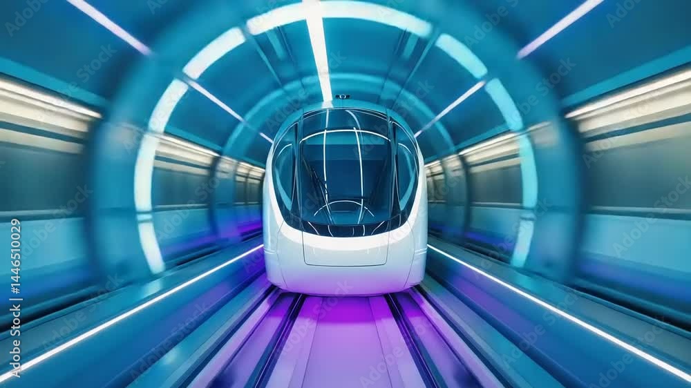 Futuristic high-speed train in illuminated tunnel