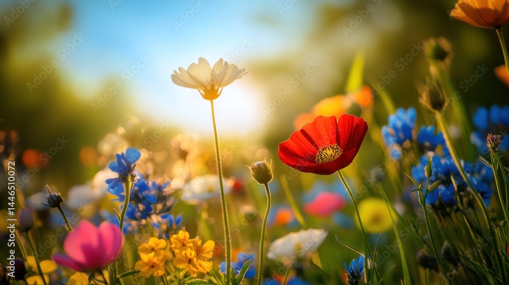 Obraz premium Vibrant Sunset Meadow: A symphony of colors in a blooming field