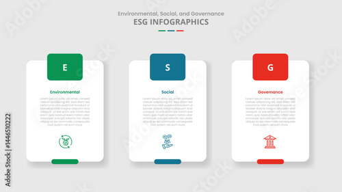 ESG sustainability concept for infographic with drop shadow style with vertical round box with badge on header with 3 point list information