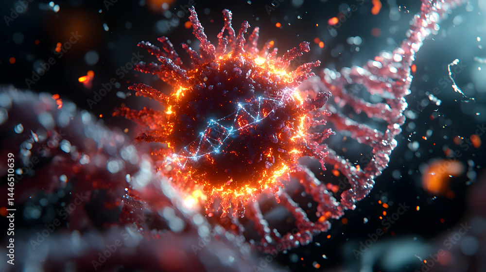 A vibrant artistic depiction of a virus interacting with DNA. Suitable for scientific visualizations educational material or medical presentations. A vibrant artistic depiction of a virus interacting with DNA. Suitable for scientific visualizations educational material or medical presentations.