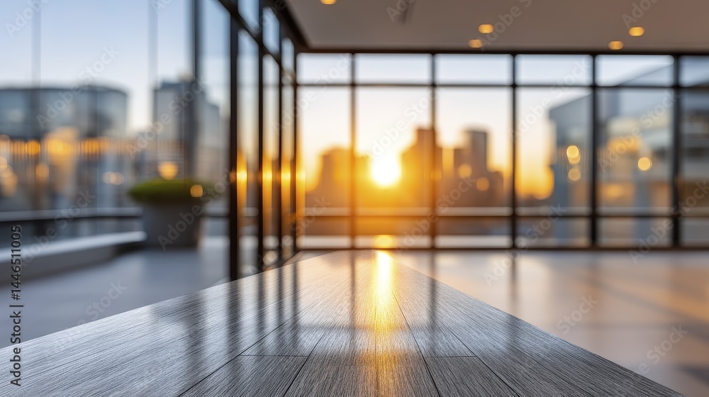 Fototapeta premium Modern office, blurred background, panoramic windows, soft lighting, bright interior, spacious workspace - seamless background design