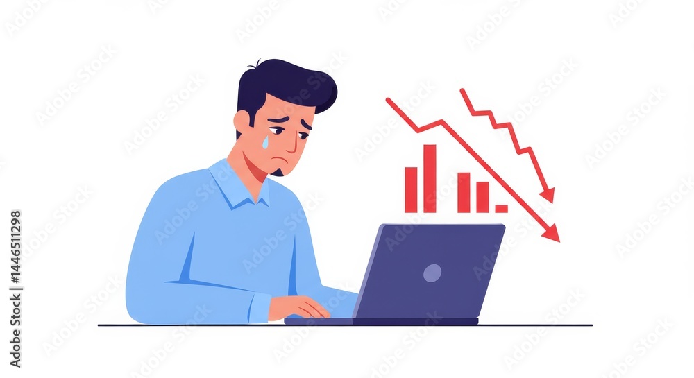 Despondent professional watching stock market decline on his laptop screen Despondent professional watching stock market decline on his laptop screen