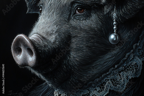 elegant pig portrait lace collar pearl earrings graceful