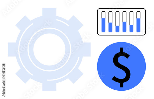 Gear symbolizing automation, bar chart tracking data, and dollar sign for finance. Ideal for finance management, data tracking, business growth, automation, planning, efficiency simple landing page